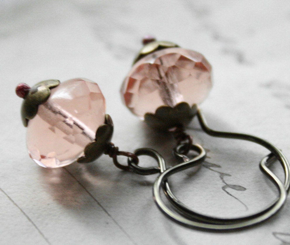 Sweet Pink Earrings Czech Glass and Brass Earrings Pale Pastel Pink Blush Sakura Blossom
