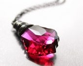 Wire Wrapped Necklace Ruby Crystal Sterling Silver Oxidized Swarovski Deep Pink Red Rose Petal