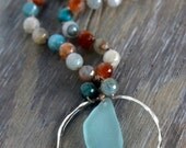 Sea Glass Pendant. Aqua Sea Glass Necklace with Stones