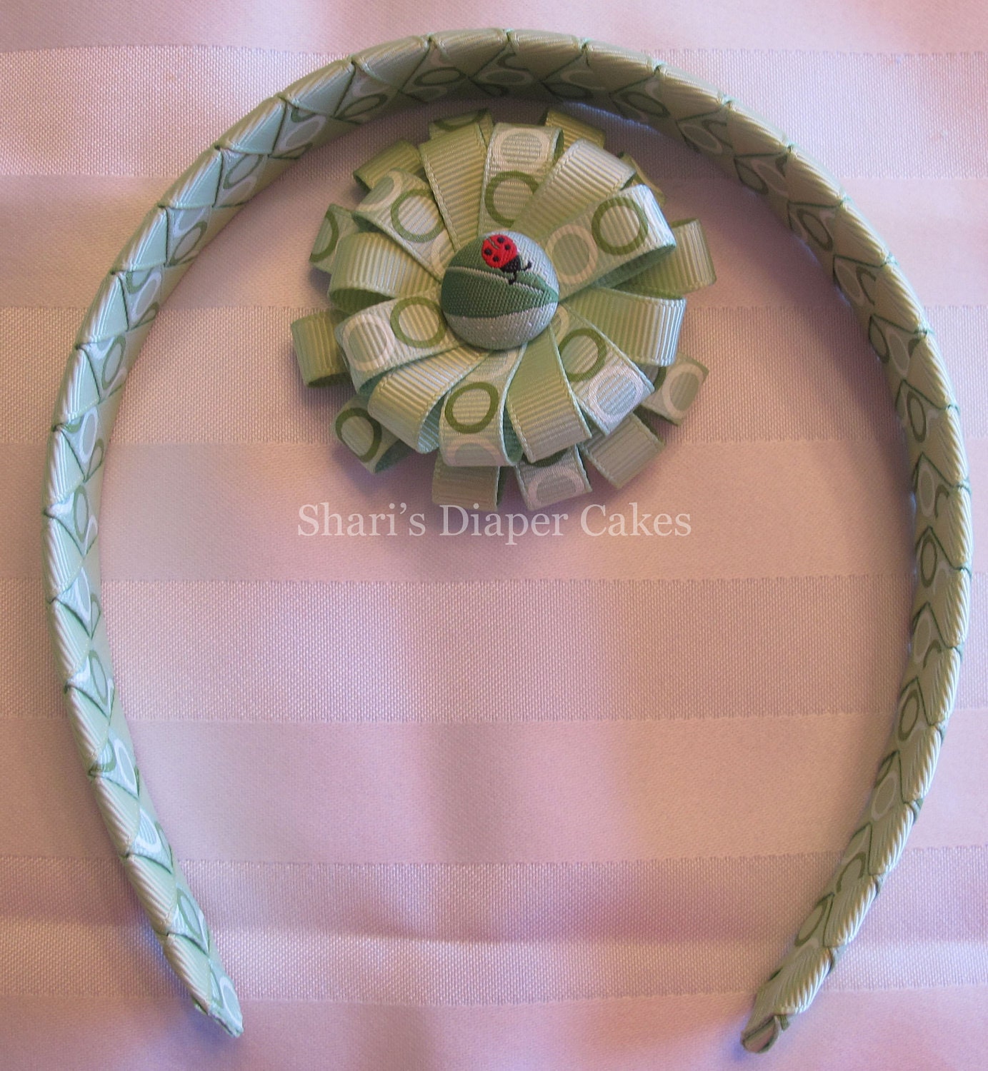 Ladybug Pale Green Woven Ribbon Headband w/Detachable Hairclip