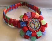 Tie Dyed Woven Ribbon Headband with Detachable Peace Sign Bottlecap Hairclip