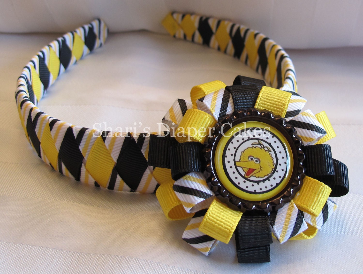 Big Yellow Bird on Yellow & Black Woven Ribbon Headband with Attachable Bottlecap Hairbow - Hairclip