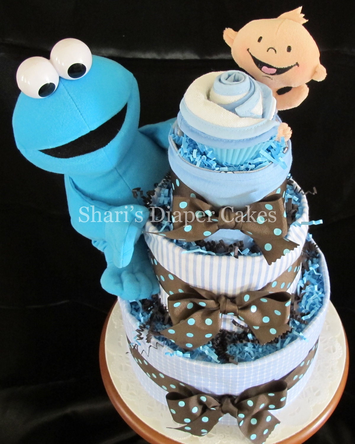 Sesame Street's Cookie Monster 3 Tier Diaper Cake - Baby Shower Centerpiece - Baby Gift - Boy