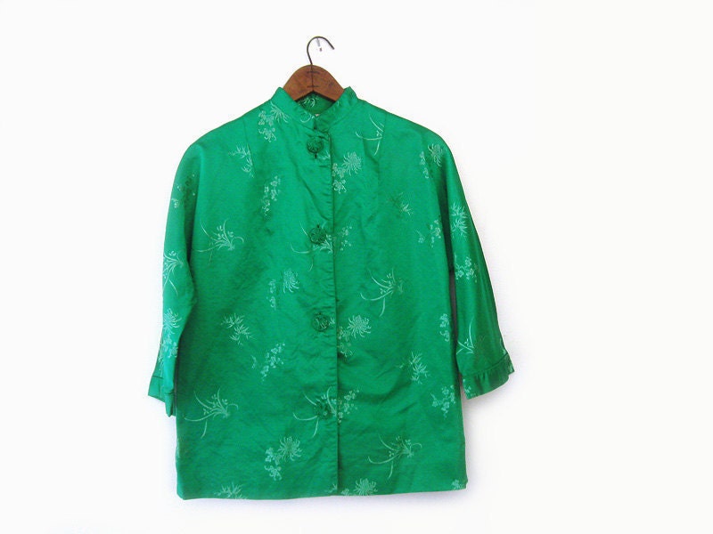 vintage 60s silk blouse, emerald green, mandarin style deadstock blouse, size s m