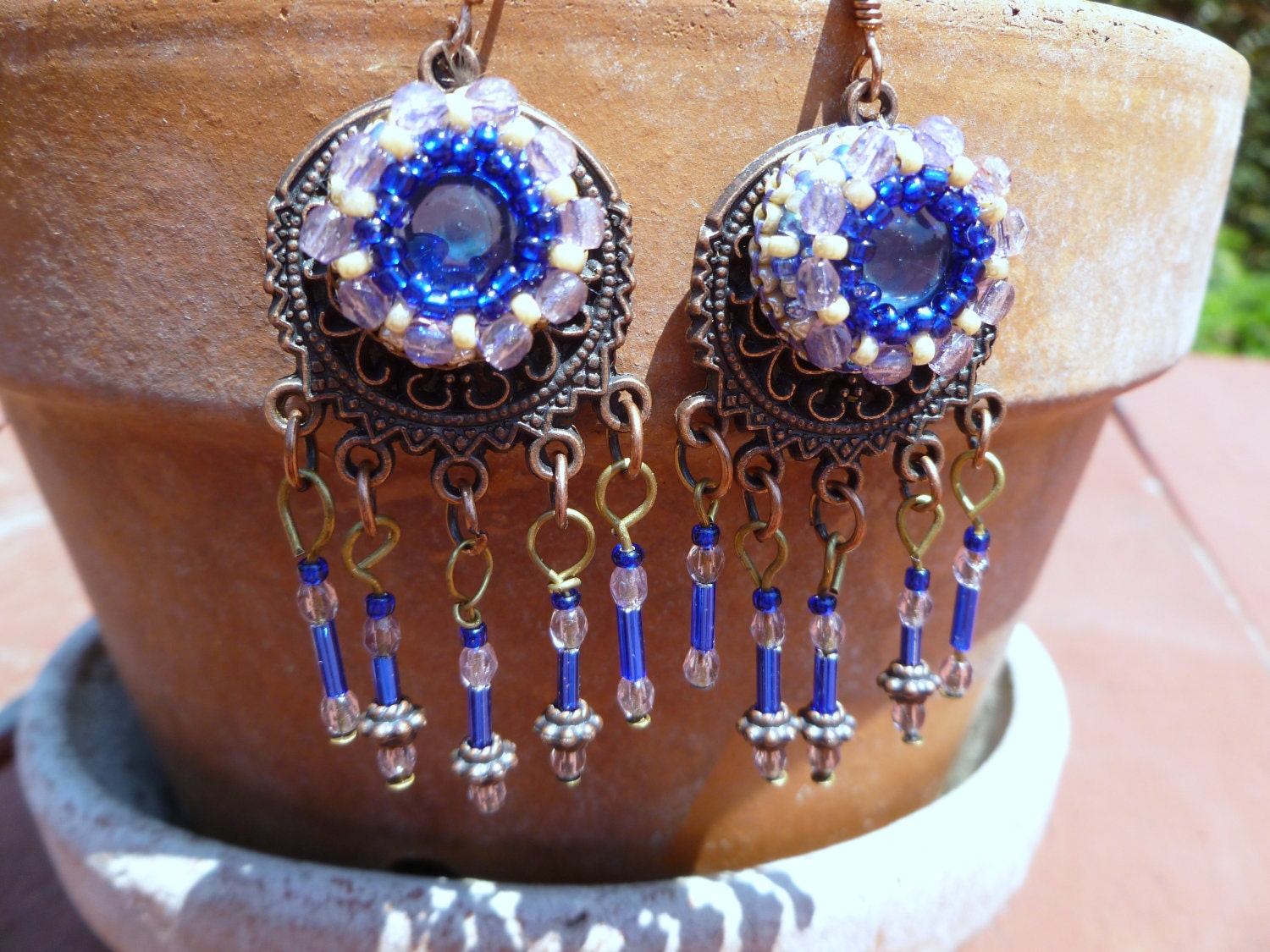 Copper & Cobalt- Beadwoven Dangle Earrings