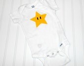 Great Baby shower gift READY TO SHIP Onesie - Super Mario Star inspired sewn applique for boys or girls