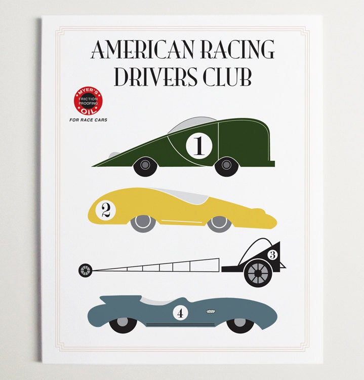Wall Art, Nursery Wall Art, Car Print, Vintage Car Art, Nursery Print, Modernpop, American Racing Drivers Club - 11" x 14"