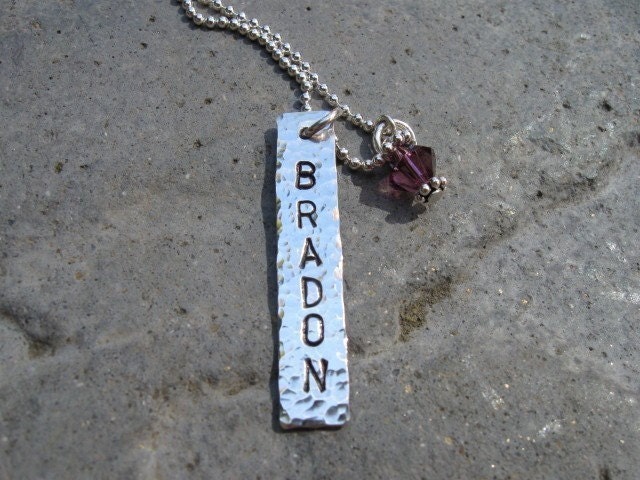 Rectangle tag necklace, hand stamped, HAMMERED with a birthstone crystal