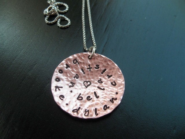 Personalized Hand Stamped copper swirl necklace-HAMMERED and DOMED