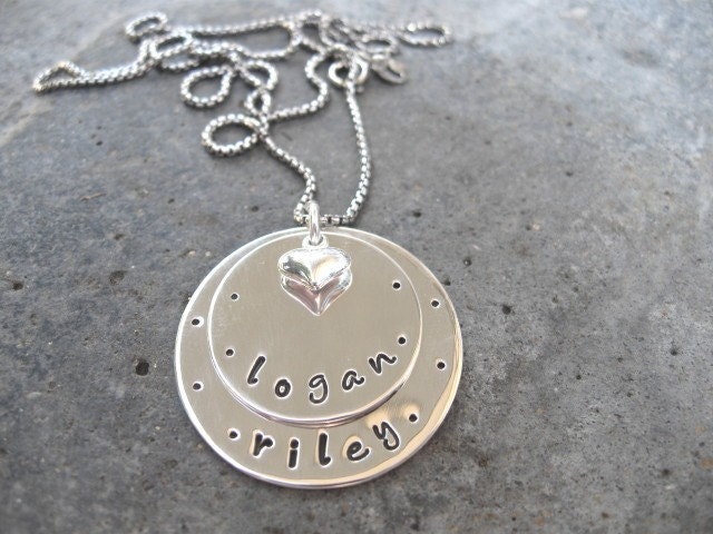 Personalized Hand stamped two stacked disc name necklace with dots and a small heart