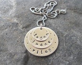 Hand stamped triple stacked disc personalized name necklace with dots