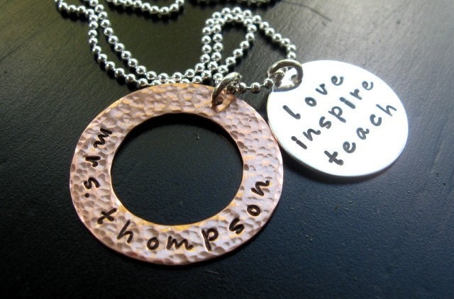 Teacher necklace, hand stamped  with copper and sterling silver