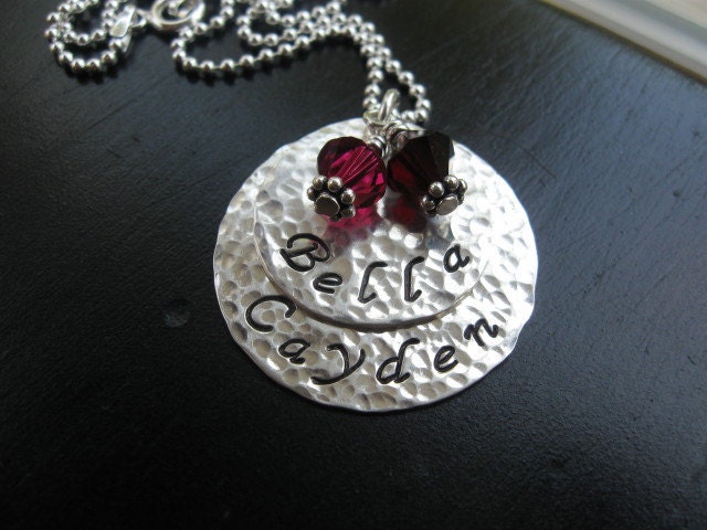 Name necklace, two stacked disc hand stamped,  HAMMERED with birthstones