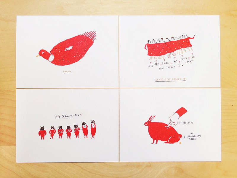 Red Animal Postcards (Set of 4)