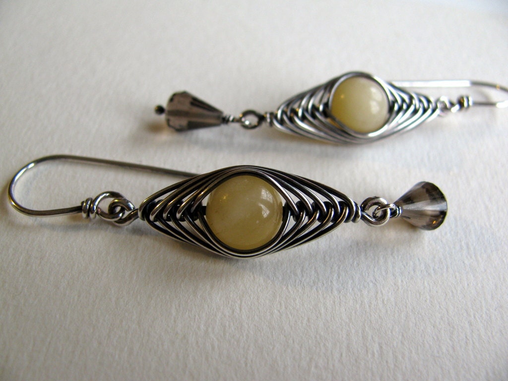 Sterling Silver Dangle Earrings, Wire Wrapped Smoky Quartz Yellow Brown Handmade