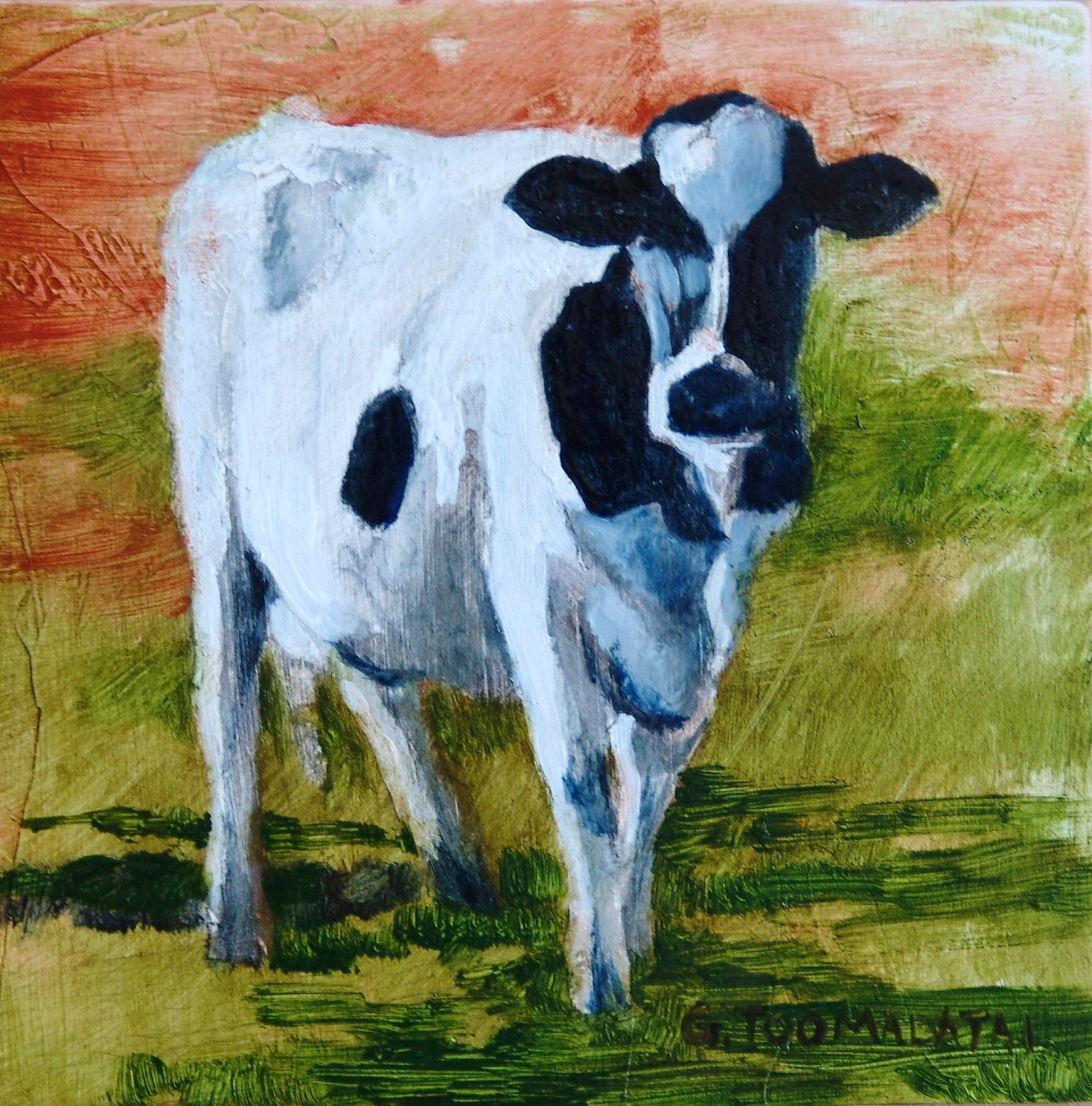 Holstein cow original oil painting on wood, cow paintings, black and white cows, holstein cows, G. Peine Toomalatai, small oil paintings