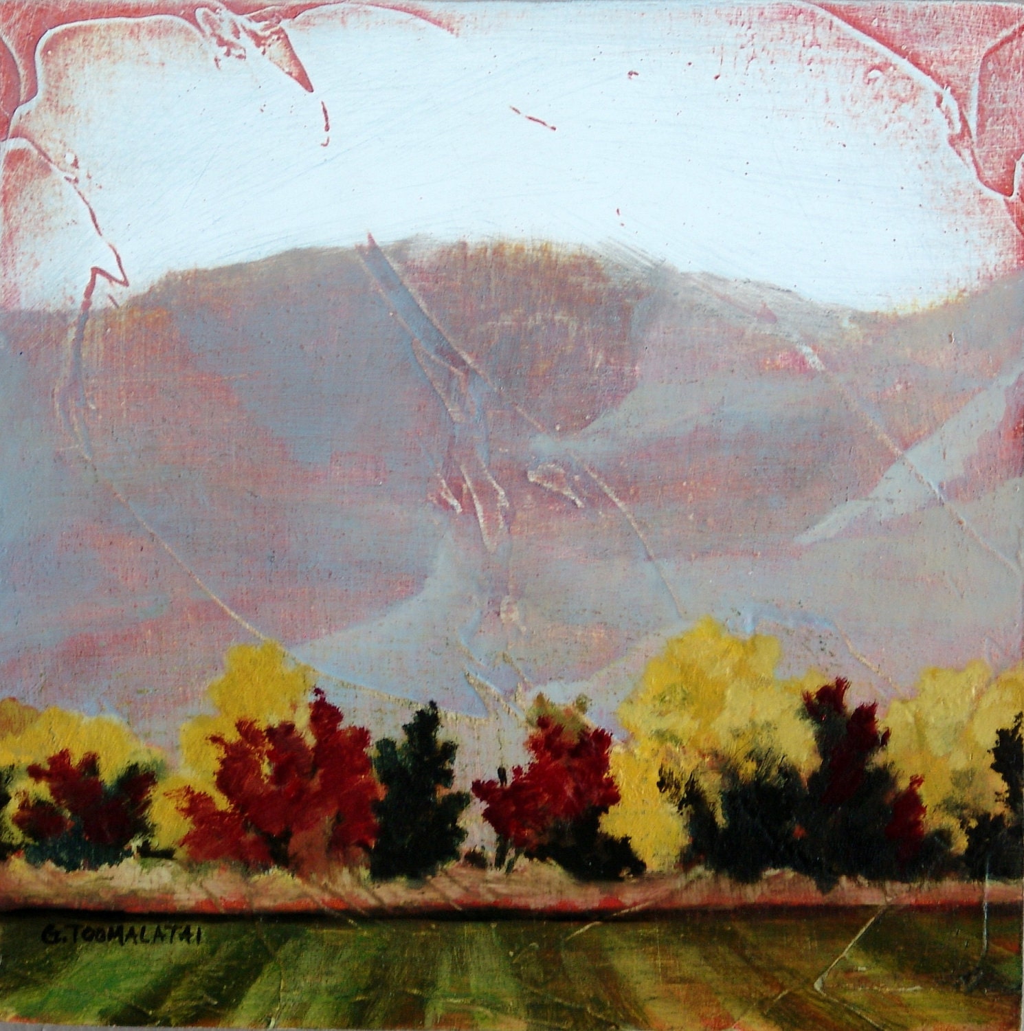 Mountain yellow red trees original oil painting on wood panel Indianhead mountain landscape art mountain art original art fall decor art