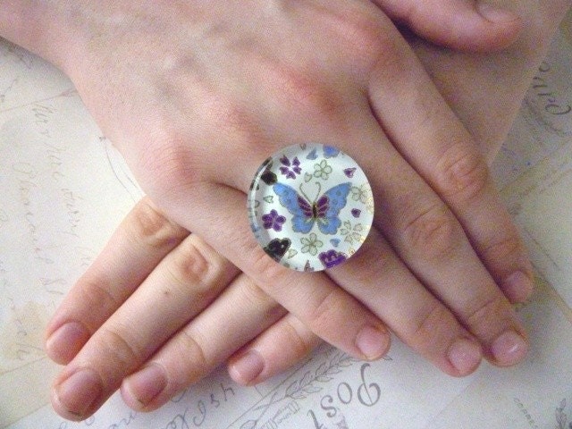 Blue Butterfly - Round Glass Ring - Japanese Paper