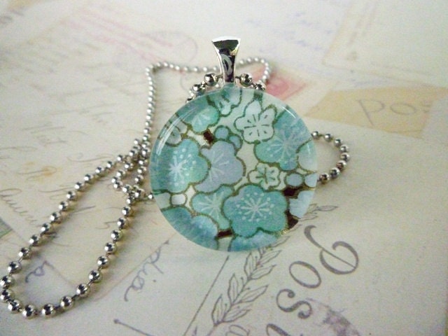 Round Handcrafted Glass Pendant with Chain - Blue Cherry Blossom