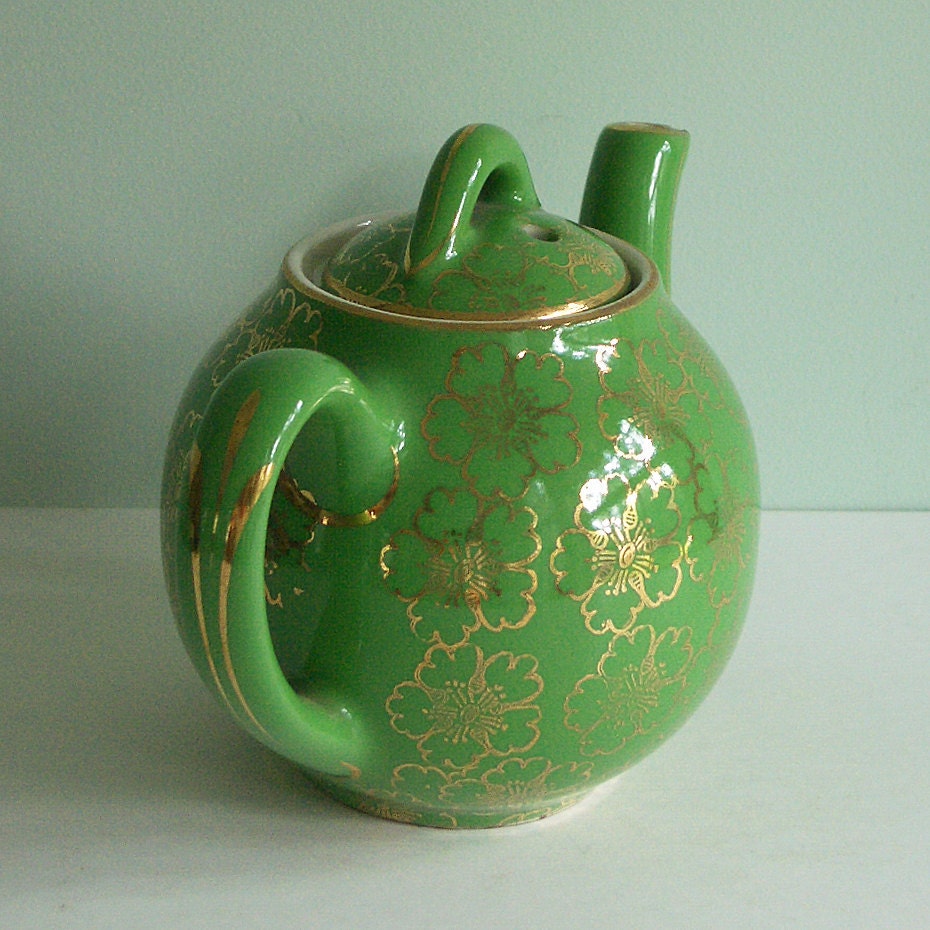 Tiny Hall China 2-Cup Teapot, Green with Gold French Flower Decoration