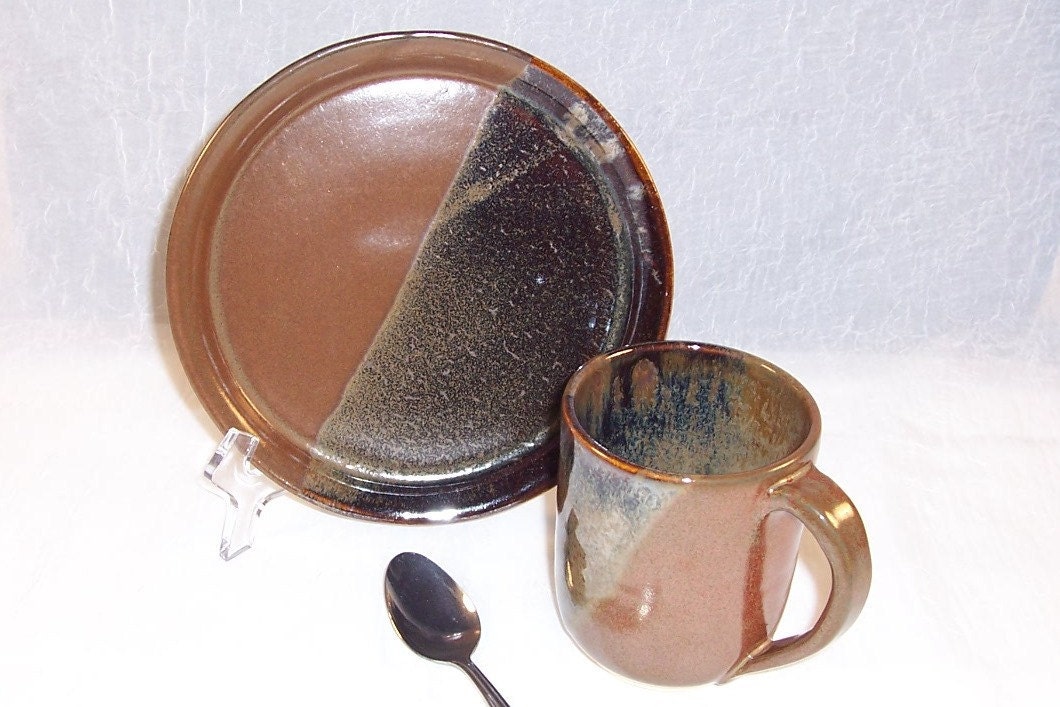 Handmade Ceramic Mug and Plate Wheel Thrown Stoneware  Breakfast Lunch set in Earthy Browns Ceramics Pottery