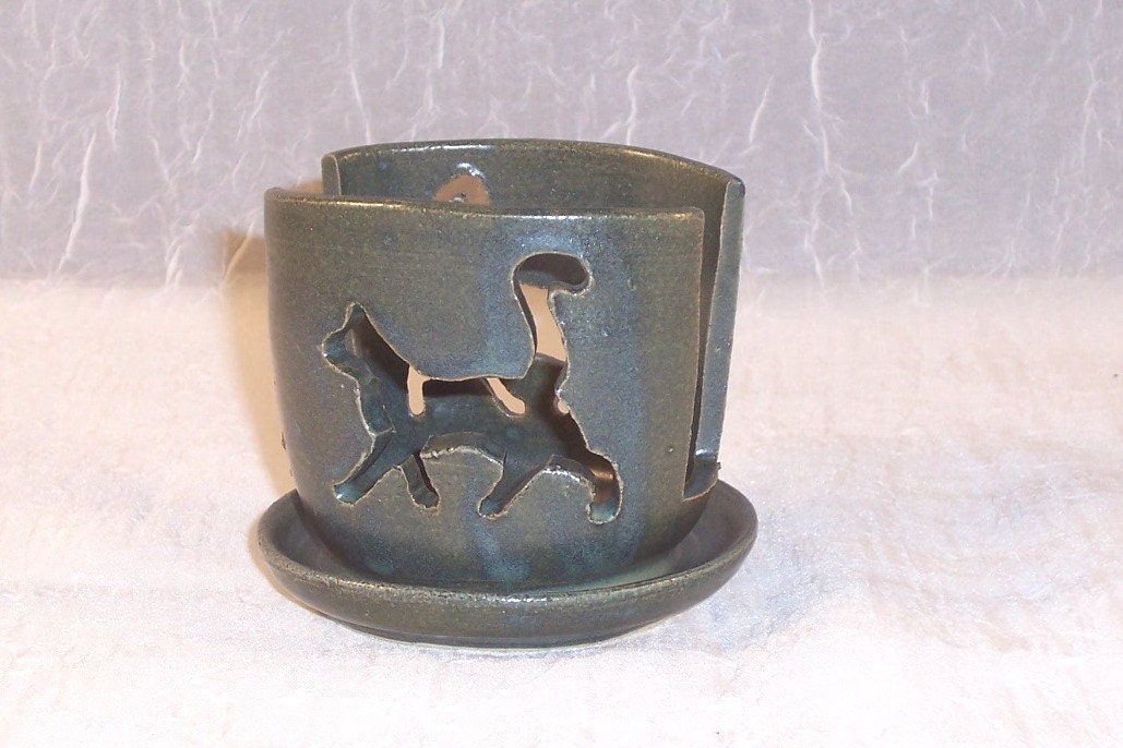 Ceramic Cat Sponge holderBlue green matte Handmade Wheel Thrown Stoneware Ceramics Pottery