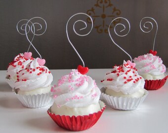 Fake Cupcake Valentines Day Heart Collection Mini Cupcake Photo/ Name/ business card Holders Set of 5