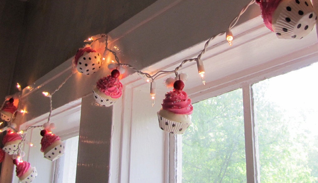 Fake Cupcake Pink Rockabilly String of Lights 12 Legs Orignal Concept Design 10 Mini Pink Fake Cupcakes Fab Bakery Decor First on Etsy