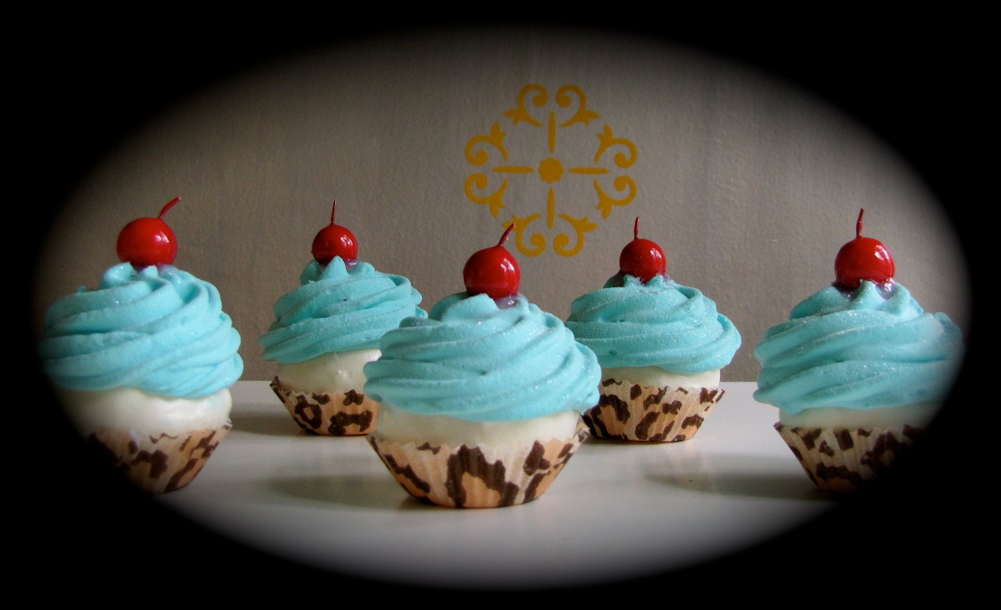 Fake Cupcakes "Retro Hollywood Glam" Collection Mini Turquoise Cupcakes w/Leopard Cupcake liners Set of 5 Can Be Made into Ornaments