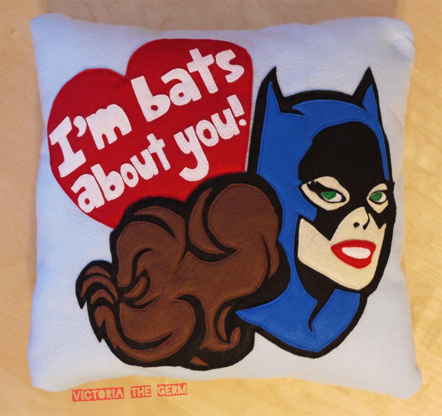 I'm bats about you Batgirl felt Valentine's Day pillow