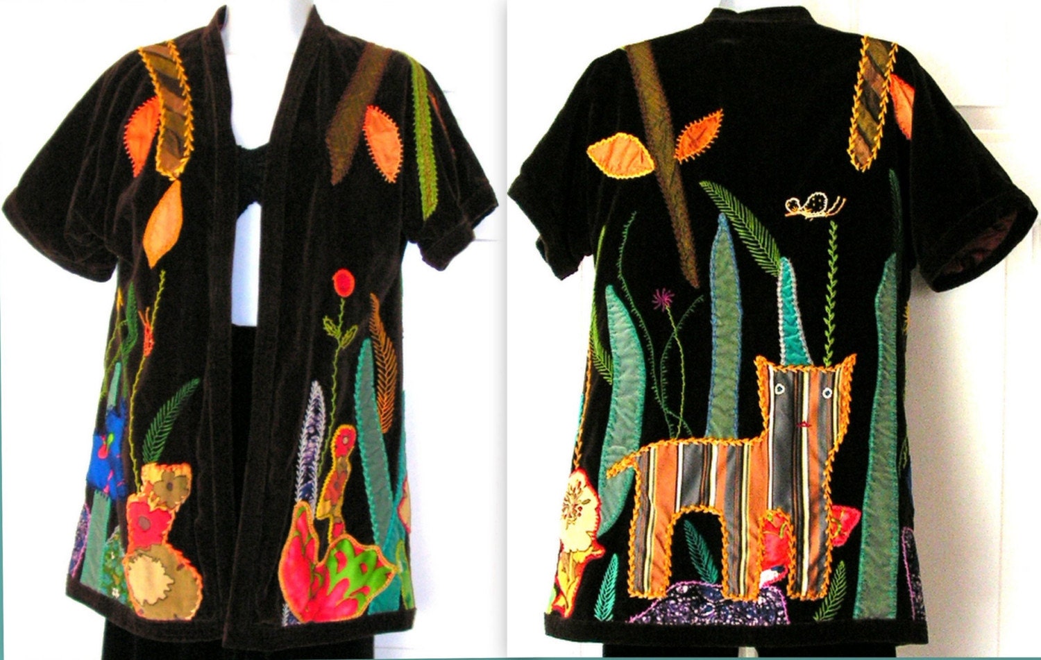 Vintage Brown Velvet Jacket Vest Applique Embroidered Hippie BoHo Cat Garden Lined