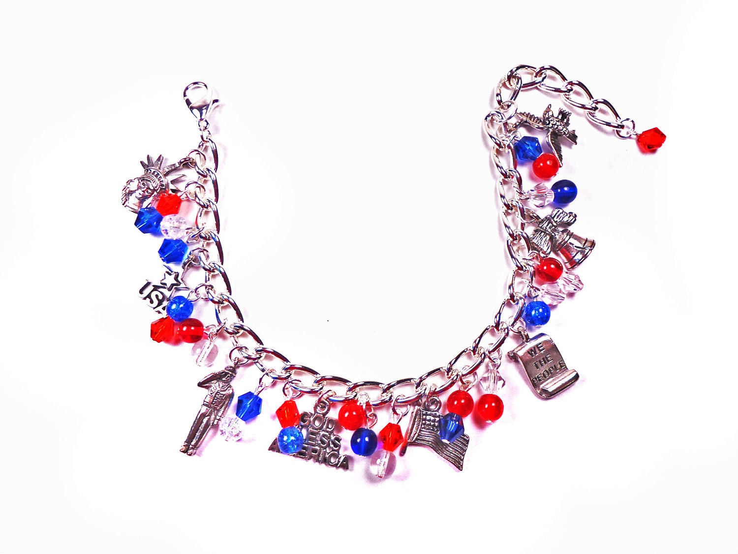 ON SALE Patriotic USA Charm Bracelet Czech Crystal Beads