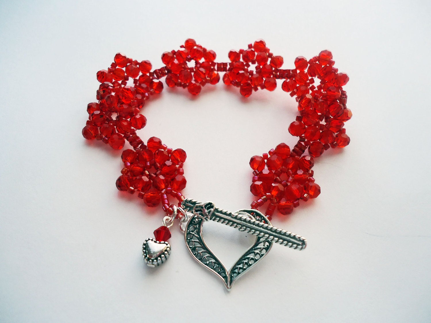 Red Crystal Beadwork Cuff Bracelet  Japanese Beadweave Flower Sterling Silver Heart - TinksTreasure