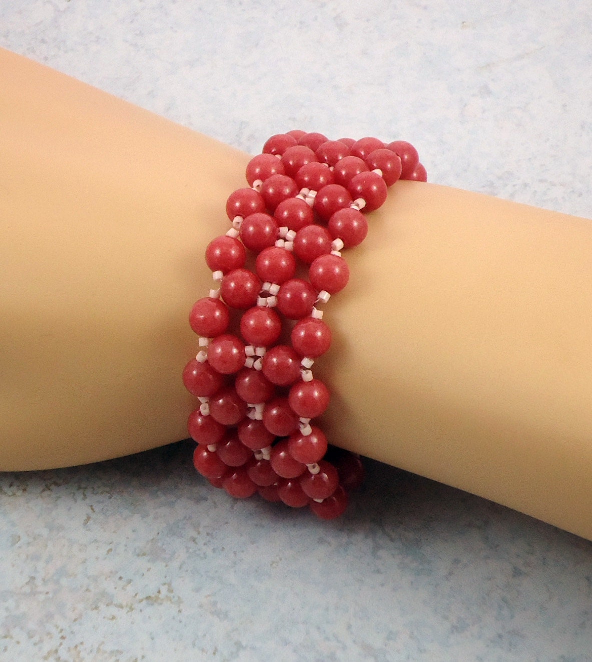 Coral Mountain Jade Bracelet Magnetic Clasp Double Right Angle Weave