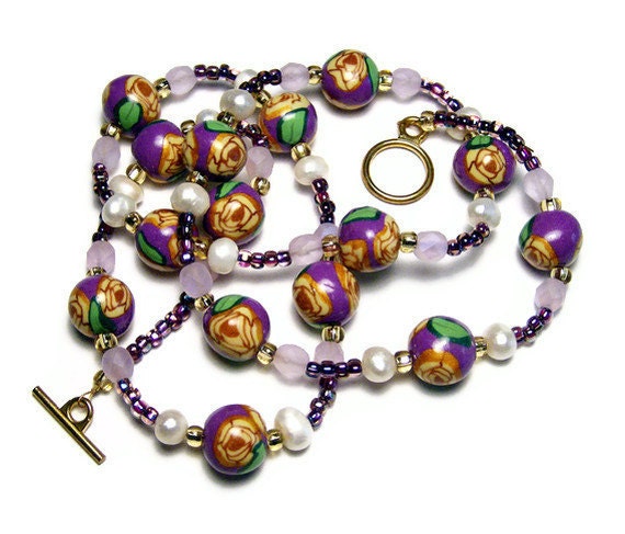 50% OFF Polymer Clay Necklace Art Jewelry Handmade Canework Pearl Jewelry Glass Seed Beads Flower Leaf Lavender Purple Springtime