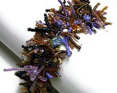 Beaded Bracelet Beadweaving Handmade Seed Beads Glass Flowers Leaf Beads Purple Gold Brown Fringe Jewelry  7 3/8"