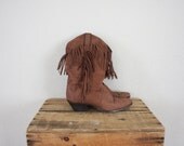 Vintage Leather Cowboy Boots // Retro Brown 1980s Vintage Fringed Shoes