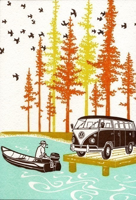 VW  Camper- Block Mounted Letterpress Print