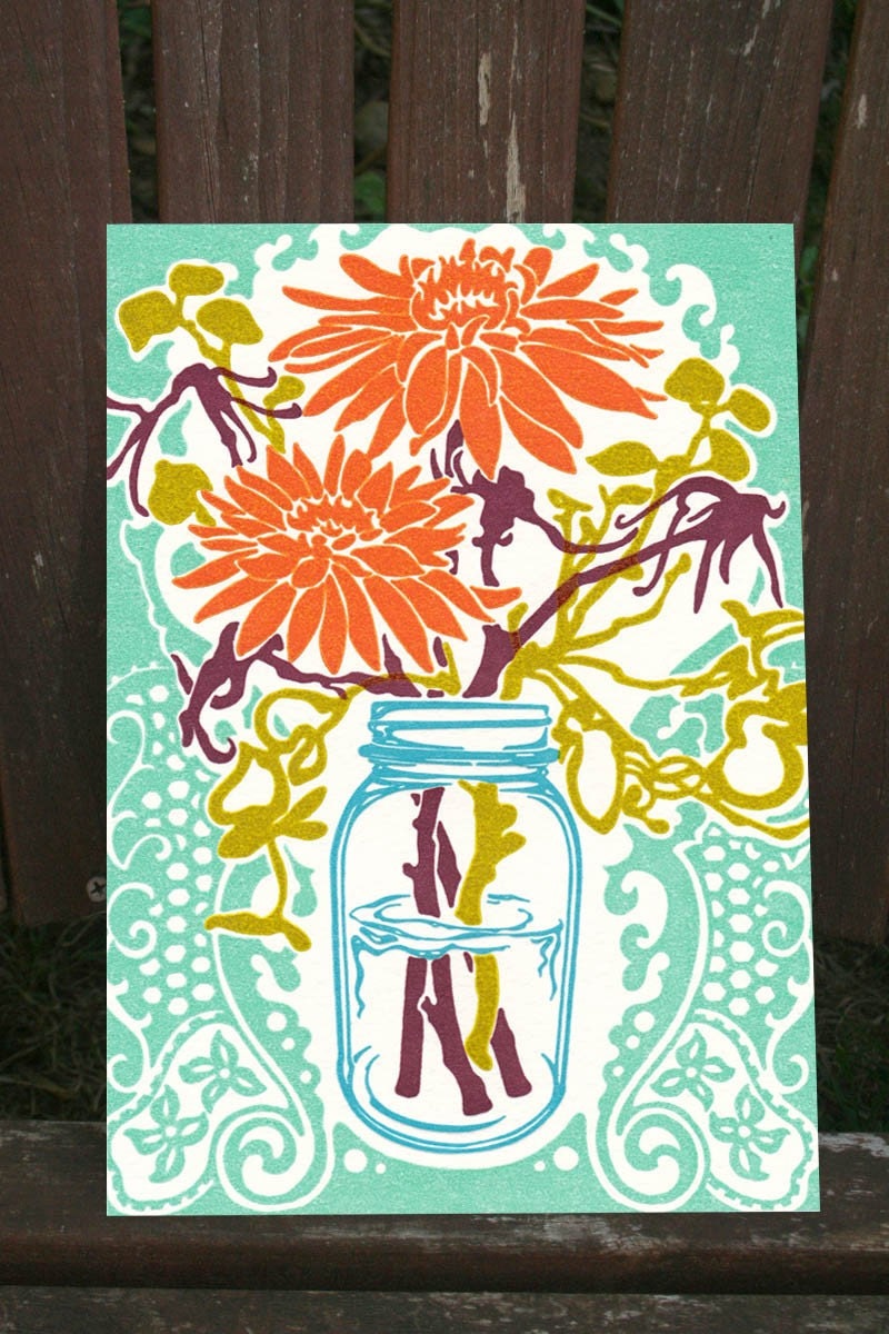 Mason Jar Flowers - Letterpress Print