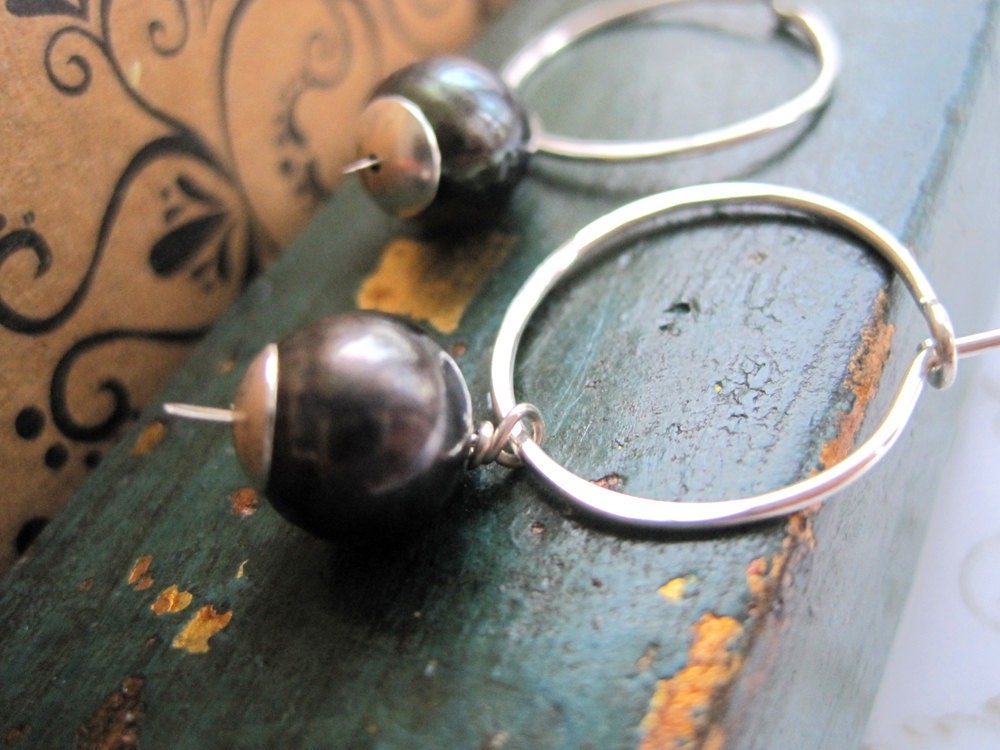 Winters Night - Freshwater Pearls on Sterling Silver Hoops