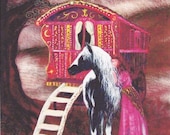 Gypsy Gold Fabric panel. Gypsy vanner horse with Gypsy woman. 27cm x 31cm