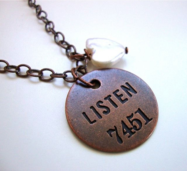 Antique style Copper Tag Necklace with Fresh Water Pearl - Listen to Your Heart