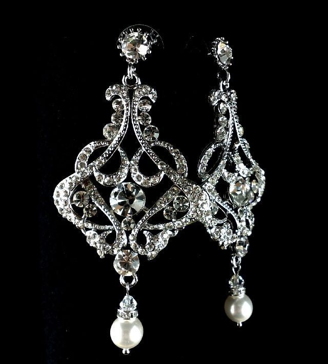 Art Deco Silver Bridal Earrings, Victorian Wedding, Swarovski Crystal Pearl Jewelry, CARMEN