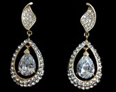 Gold Bridal Earrings, Leaf Posts Wedding Jewelry, CZ or Pearl Oval Teardrop Accessories, KATES GOLD