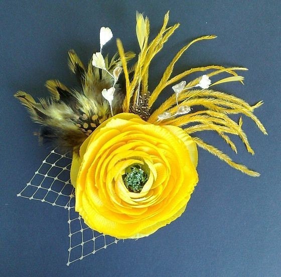 Summer Bridal Bridesmaids Fascinator Ranunculus Yellow Gold Feather Flower MELIANA 3 Inch- CUSTOM