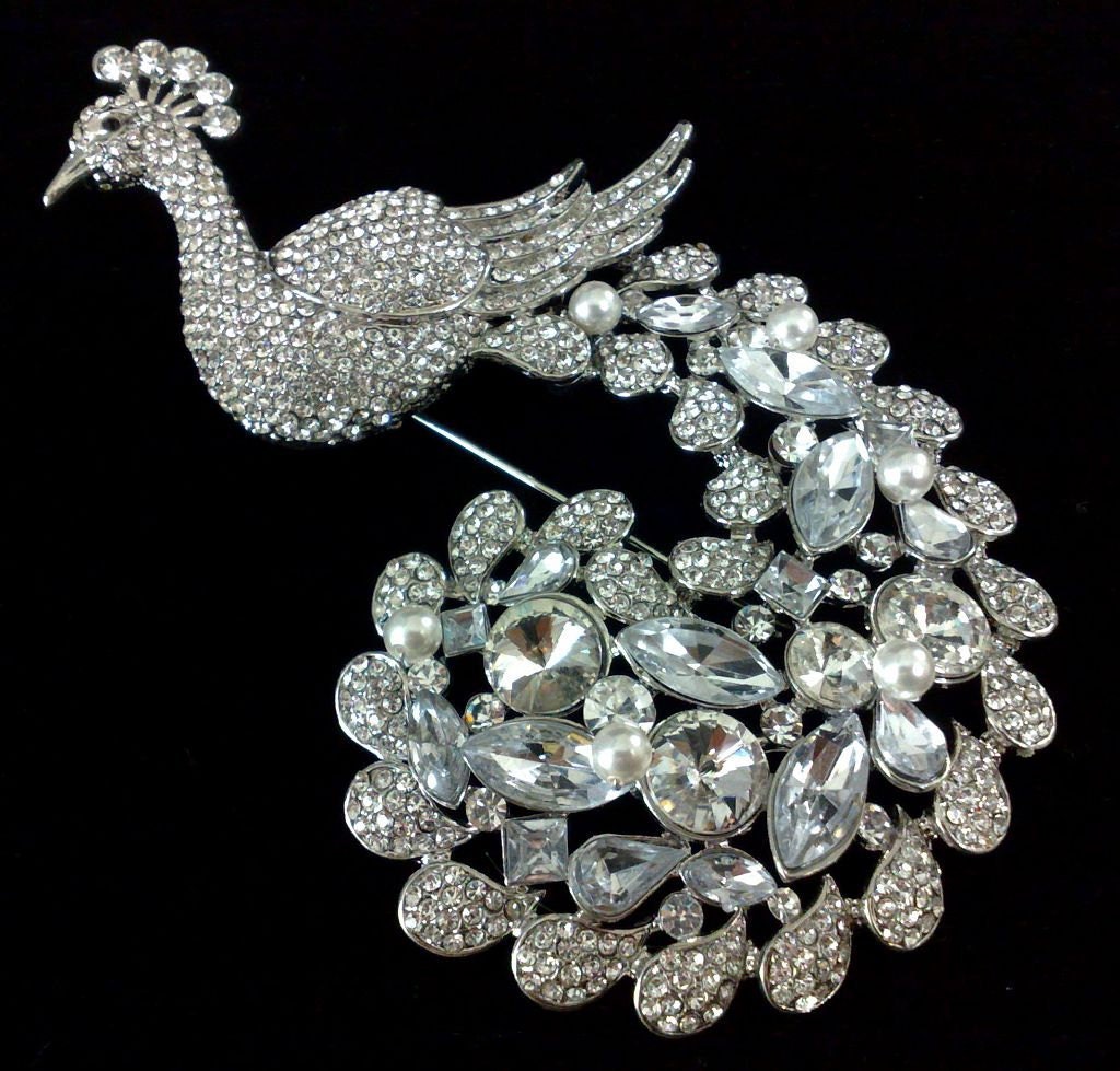 Peacock Wedding Brooch, Rhinesstone Bridal Broach, Bohemian Bird Dress Jewelry, PEACOCKY