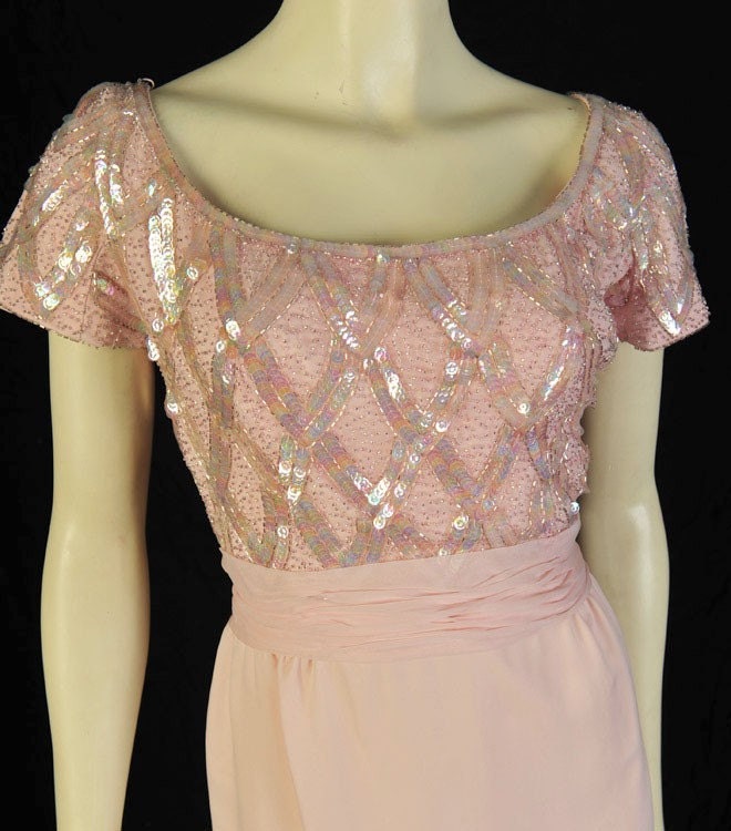 Vintage Dress - 60s Cocktail Sugar Pink Beaded Silk - sz L