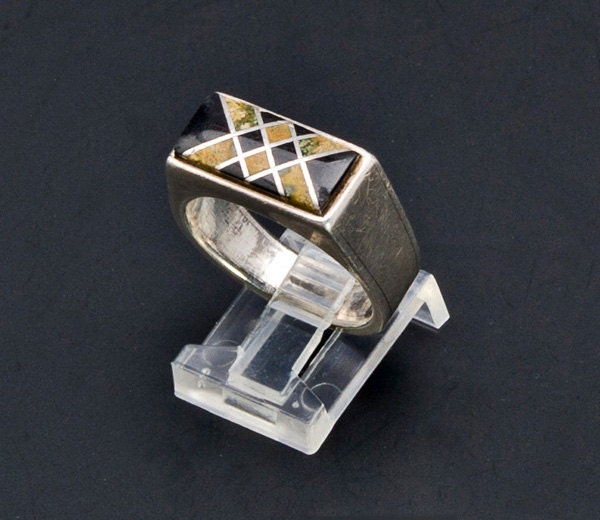 Navajo Inlay Ring - Mens Jasper Jet Sterling Inlay - Jerry T Nelson - sz 10