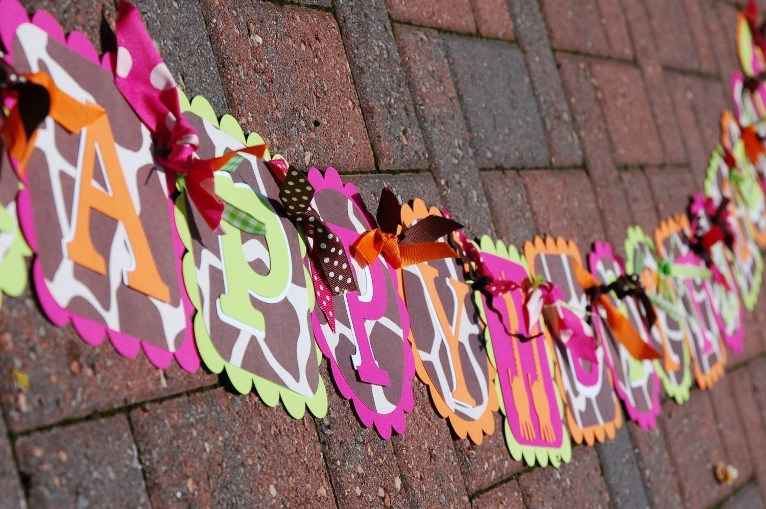 HAPPY BIRTHDAY Safari Banner in Giraffe Print with Hot pink, Lime Green & Oranges