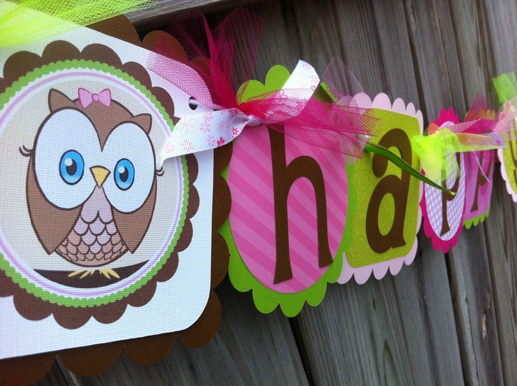 Cute Hoot Owl HAPPY BIRTHDAY and NAME banner combo in hot pink, pink & lime